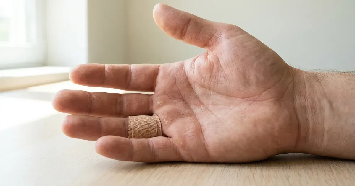 Mano de escalador apoyada boca arriba sobre una mesa de madera clara, con esparadrapo en la base del dedo anular
