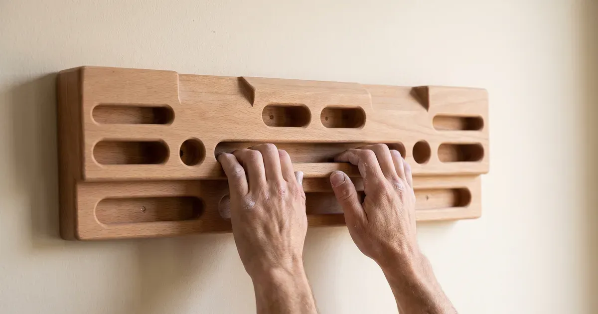 Hangboard de madera montado en la pared, con las dos manos de un escalador agarrando el canto central en semiarqueo