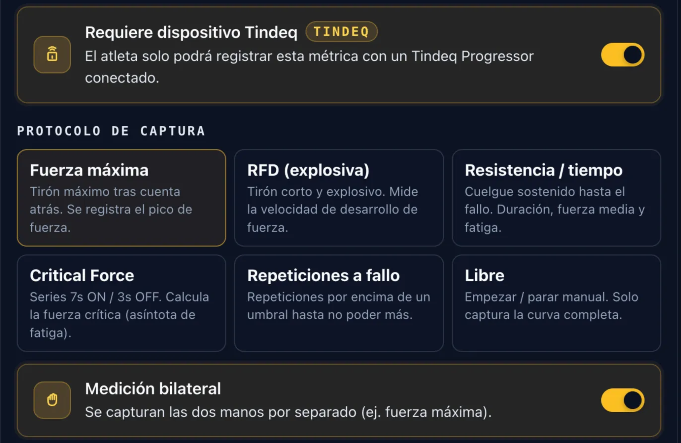 Editor de plantilla de métrica en ClimbrLab, con el interruptor de dispositivo Tindeq activado, los seis protocolos de captura y la medición bilateral.